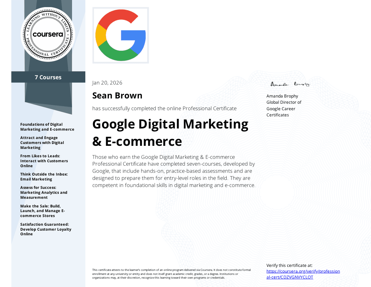 Google Digital Marketing & E-commerce Professional Certificate certificate