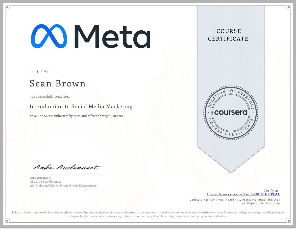 Introduction to Social Media Marketing certificate