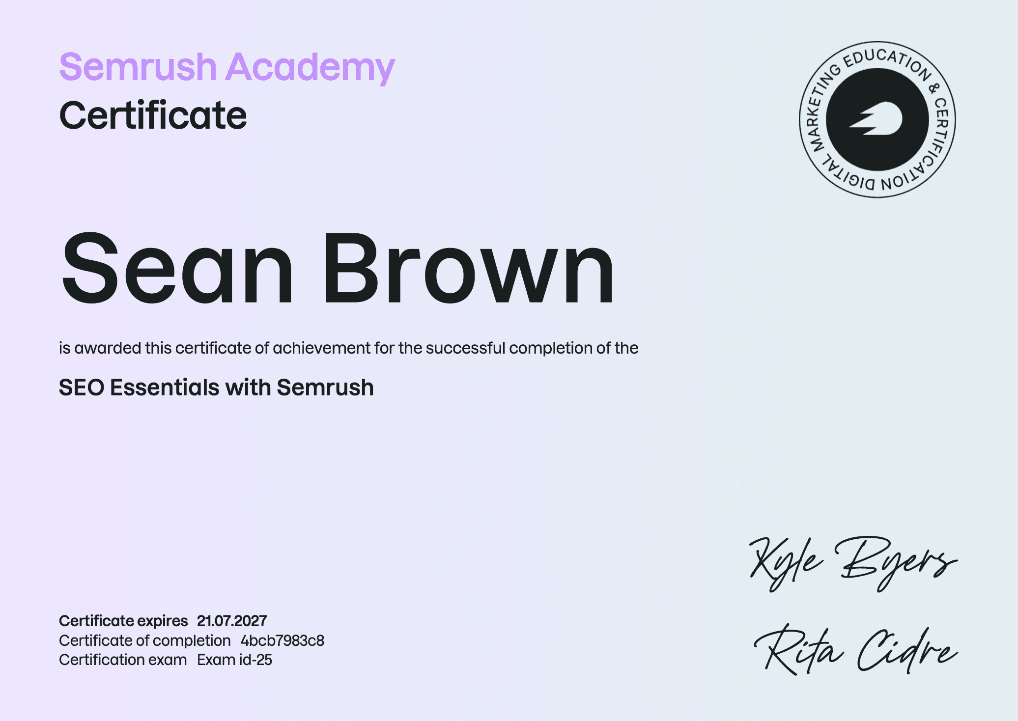 SEO Essentials with Semrush certificate