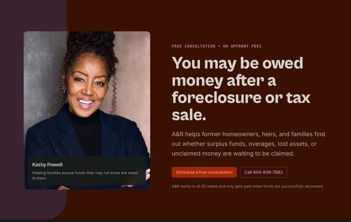 Redesigned A&R Asset Recovery website explaining surplus funds, who it helps, the recovery process, and consultation.