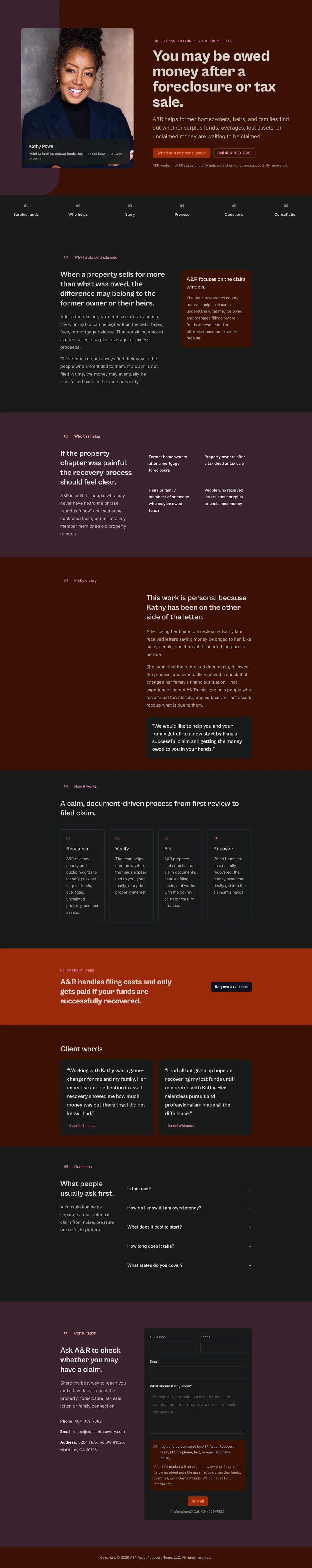 Redesigned A&R Asset Recovery website explaining surplus funds, who it helps, the recovery process, and consultation.
