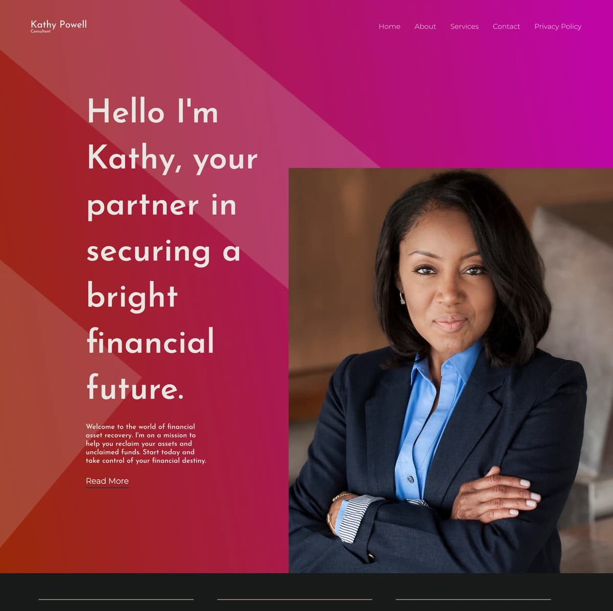Original Kathy Powell website with generic financial-services messaging and template imagery.